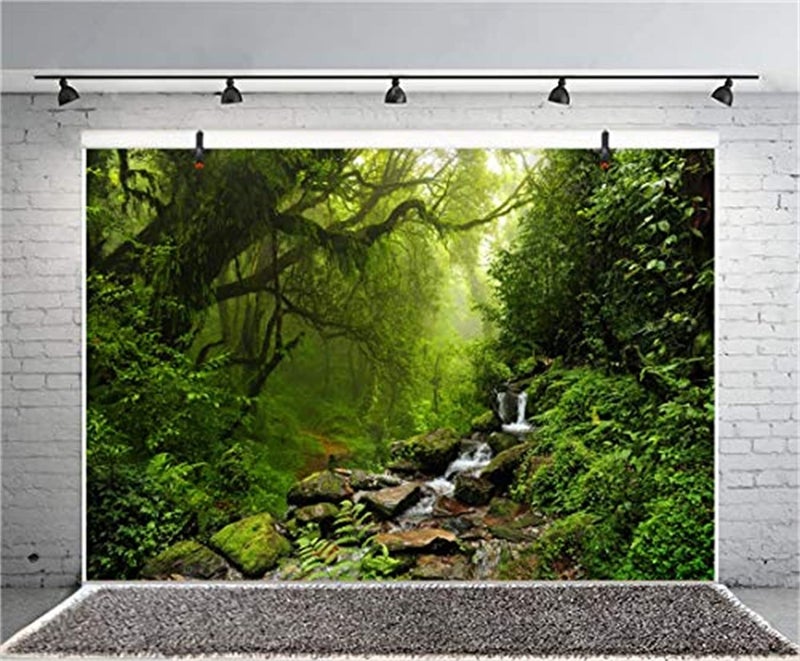 LFEEY 10x8ft Graceful Natural Scenery Backdrop Evergreen Forest Jungle Rock Flowing Mountain Stream Rainforest Photography Background Birthday Party Events Photo Studio Props - Image 3